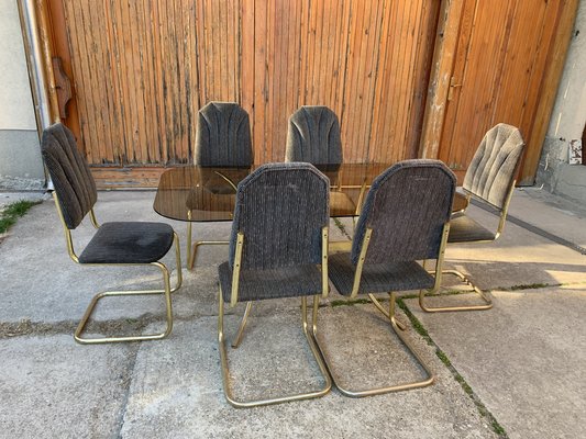 Vintage Italian Dining Chairs and Table in Brass, 1970s, Set of 7-OXJ-1235969