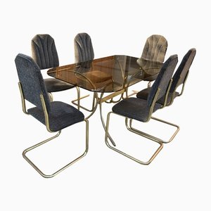 Vintage Italian Dining Chairs and Table in Brass, 1970s, Set of 7-OXJ-1235969