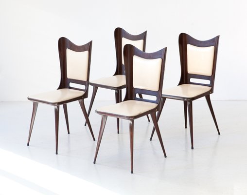 Vintage Italian Dining Chairs in Beige Skai and Wood, 1950s, Set of 4-KJ-2035940