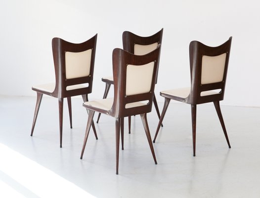 Vintage Italian Dining Chairs in Beige Skai and Wood, 1950s, Set of 4-KJ-2035940