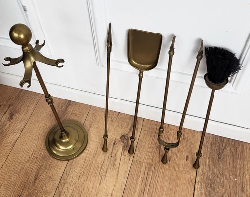 Vintage Italian Four-Piece Brass Fireplace Tool Set with Stand, 1980s, Set of 4-EUP-1806555