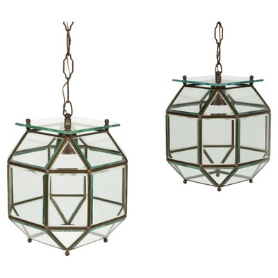 Vintage Italian Hanging Light in Brass and Beveled Glass, 1950s-LYQ-1821624