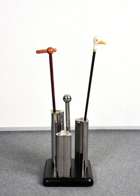 Vintage Italian Lacquered Wood and Metal Umbrella Stand in Black, 1970s-JDR-1126244