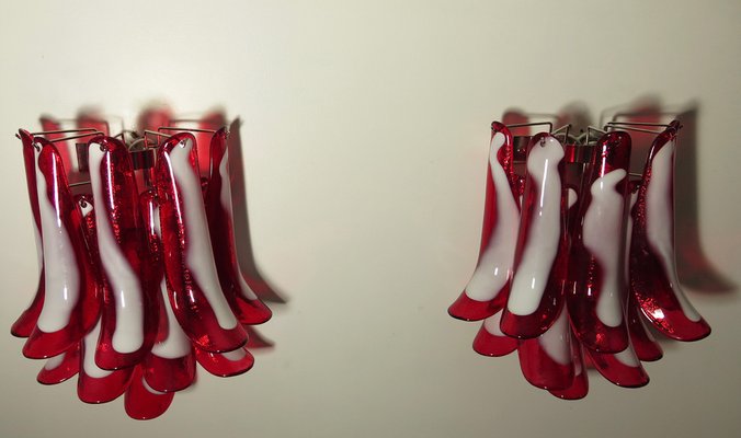 Vintage Italian Murano Wall Lights with 10 Red Lattimo Glass Petals from Mazzega, 1990s, Set of 2-FHZ-1818565