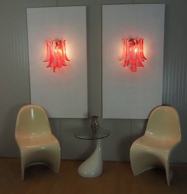 Vintage Italian Murano Wall Lights with 10 Red Lattimo Glass Petals from Mazzega, 1990s, Set of 2-FHZ-1818565