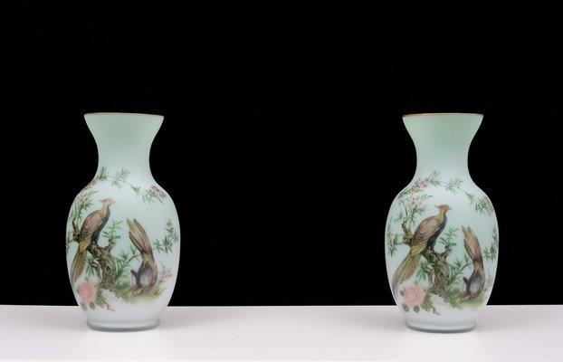 Vintage Italian Opaline Glass Hand Painted Vases, 1960, Set of 2-GCG-1813565