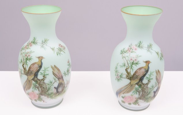 Vintage Italian Opaline Glass Hand Painted Vases, 1960, Set of 2-GCG-1813565