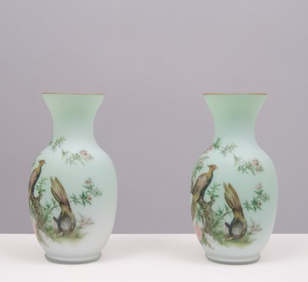 Vintage Italian Opaline Glass Hand Painted Vases, 1960, Set of 2-GCG-1813565