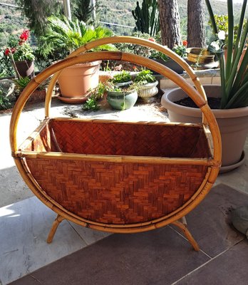 Vintage Italian Round Rattan Magazine Holder, 1970s-HIT-1384531