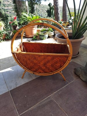 Vintage Italian Round Rattan Magazine Holder, 1970s-HIT-1384531