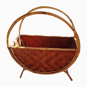 Vintage Italian Round Rattan Magazine Holder, 1970s-HIT-1384531