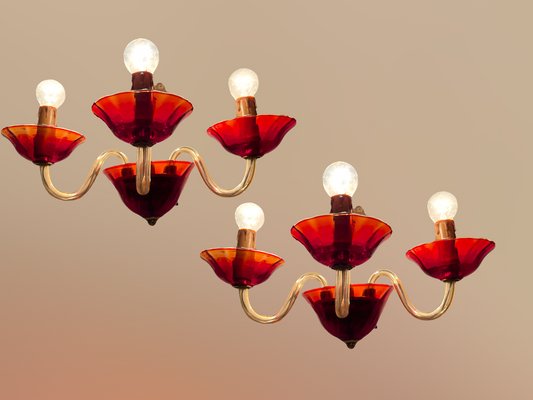 Vintage Italian Ruby Red Murano Glass Sconces from Made Murano Glass, Set of 2-JJC-1318889