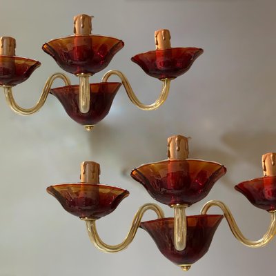 Vintage Italian Ruby Red Murano Glass Sconces from Made Murano Glass, Set of 2-JJC-1318889