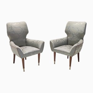 Vintage Italian Satin Grey Lounge Chairs with Walnut Frame, 1950s, Set of 2-JPQ-2027143