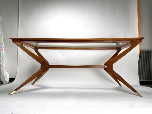 Vintage Italian Table in Wood and Brass by Turin School, 1950s-KKZ-1814345