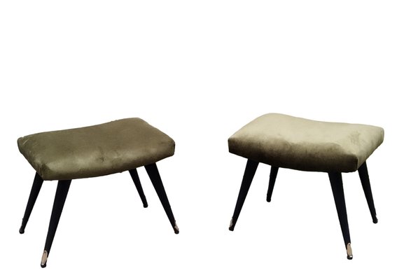 Vintage Italian Wood and Fabric Stools, 1950s, Set of 2-YUW-1733707