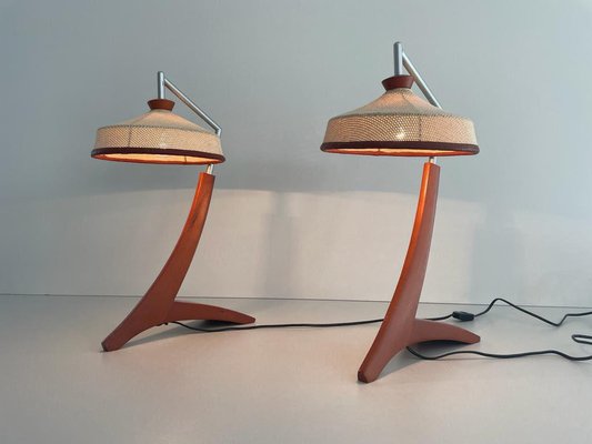 Vintage Italian Wooden and Woven Thread Shade Table Lamps, 1960s, Set of 2-RDS-1722837