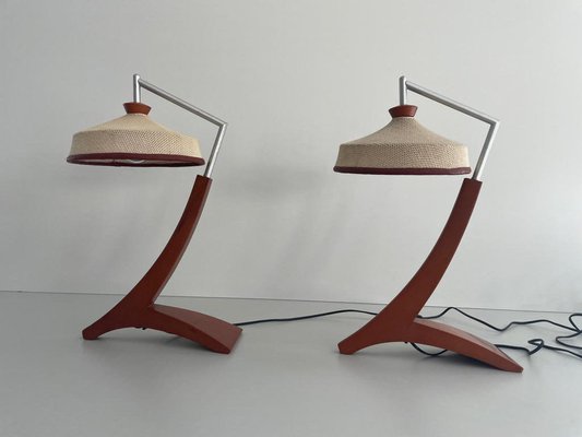 Vintage Italian Wooden and Woven Thread Shade Table Lamps, 1960s, Set of 2-RDS-1722837