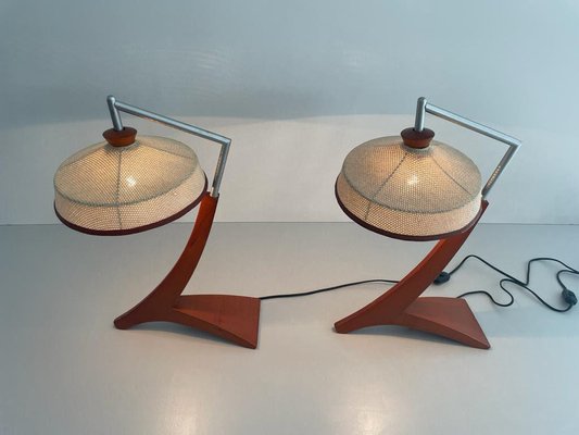 Vintage Italian Wooden and Woven Thread Shade Table Lamps, 1960s, Set of 2-RDS-1722837