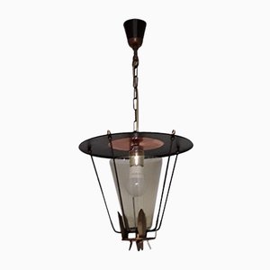 Vintage Lantern Ceiling Lamp in Black Lacquered Iron with Brass and Copper Trim & Open Conical Shade in Tinted Glass, 1960s-HOI-1034801