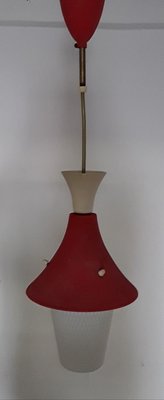 Vintage Lantern-Shaped Little Red Riding Hood Ceiling Lamp with Red & Cream Painted Sheet Metal Parts & White Opaque Glass Honeycomb Shade, 1950s-HOI-856128