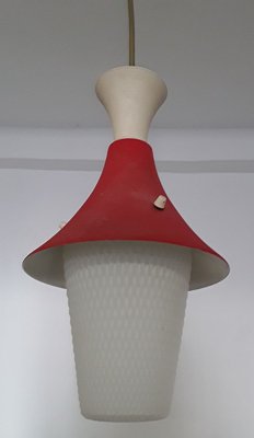 Vintage Lantern-Shaped Little Red Riding Hood Ceiling Lamp with Red & Cream Painted Sheet Metal Parts & White Opaque Glass Honeycomb Shade, 1950s-HOI-856128