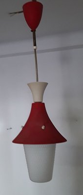 Vintage Lantern-Shaped Little Red Riding Hood Ceiling Lamp with Red & Cream Painted Sheet Metal Parts & White Opaque Glass Honeycomb Shade, 1950s-HOI-856128