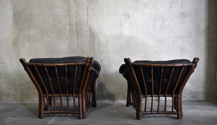 Vintage Leather and Rattan Chairs and Coffee Table, 1970s, Set of 3-QVY-769603