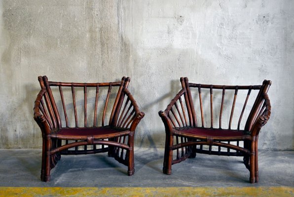 Vintage Leather and Rattan Chairs and Coffee Table, 1970s, Set of 3-QVY-769603