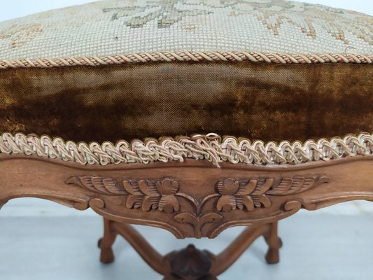 Vintage Louis XV Walnut & Wool Pouf-EAD-1703662