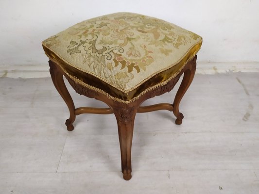 Vintage Louis XV Walnut & Wool Pouf-EAD-1703662