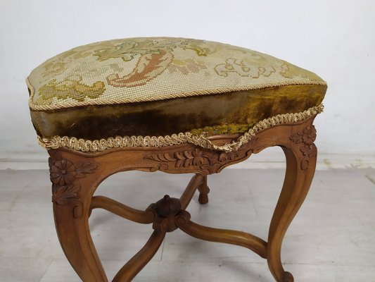 Vintage Louis XV Walnut & Wool Pouf-EAD-1703662