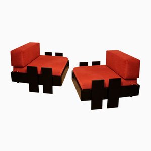 Vintage Low Lacquered Wooden Armchairs in Black and Fabric, 1970, Set of 2-IZV-1813704