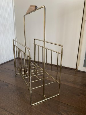 Vintage Magazine Rack in Brass and Wood, 1960s-DE-1264483