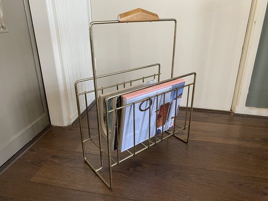 Vintage Magazine Rack in Brass and Wood, 1960s-DE-1264483