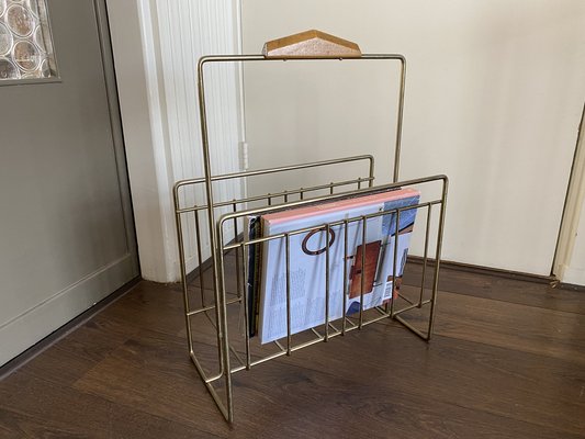 Vintage Magazine Rack in Brass and Wood, 1960s-DE-1264483