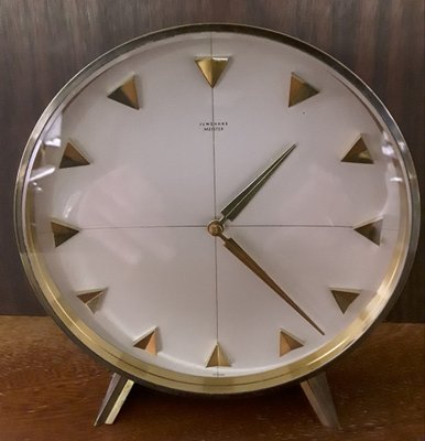 Vintage Mechanical Meister Table Clock in Brass with Brushed Aluminum Dial from Junghans, 1960s-HOI-1034606