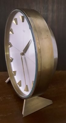 Vintage Mechanical Meister Table Clock in Brass with Brushed Aluminum Dial from Junghans, 1960s-HOI-1034606