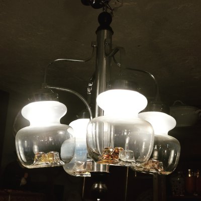 Vintage Metal & Opaline Glass Chandelier, 1970s-GEL-1240834