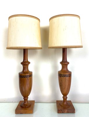 Vintage Mid-Century Artisan Hand-Crafted Wooden Inlay Table Lamps, Set of 2-WZZ-1196311