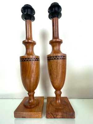 Vintage Mid-Century Artisan Hand-Crafted Wooden Inlay Table Lamps, Set of 2-WZZ-1196311