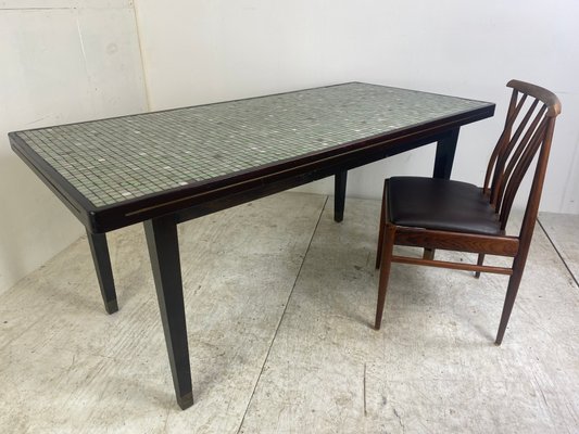 Vintage Mid-Century Regency Mosaic Dining Table in Wood Brass and Glass, 1950s-DE-1273860