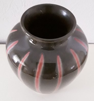 Vintage Model Number 1073 18 Glossy Glazed Ceramic Vase in Gray-Brown with Red Stripes, 1970s-HOI-998082