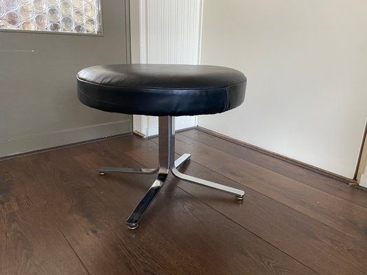 Vintage Modernist Chrome and Leather Stool Ottoman, 1970s-DE-770526