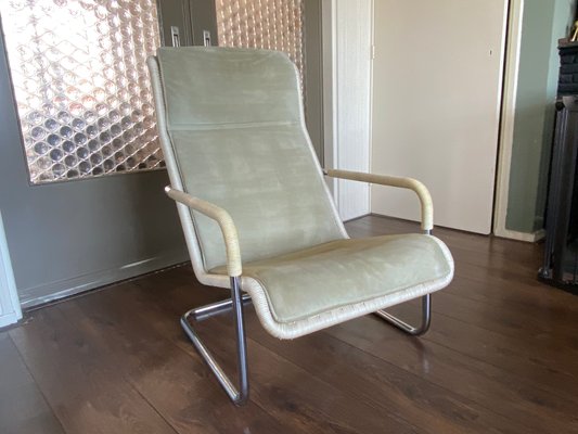 Vintage Modernist Chromed Tubular Steel, Rattan & Leather Easy Chair in Style of Thonet, 1970s-DE-1437942