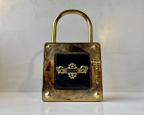 Vintage Padlock Key Box in Patinated Brass, 1980s-LCR-1765596