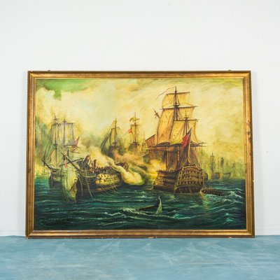 Vintage Painting of the Battle of Trafalgar Galleon, Wooden Frame-ZLY-849435