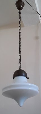 Vintage Pendant Lamp with Brass Assembly & Opaque White Glass Screen, 1970s-HOI-1415048