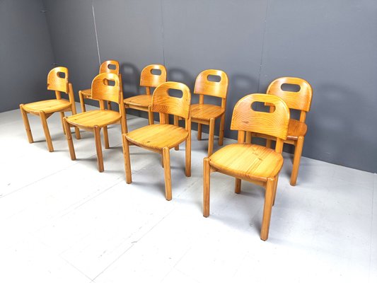 Vintage Pine Wood Dining Chairs, 1980s, Set of 8-IRH-2030189