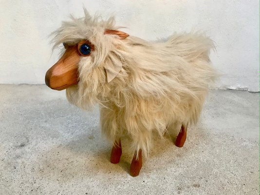 Vintage Pinewood Goat Sculpture with Long Fur and Leather, 1970s-JP-980223